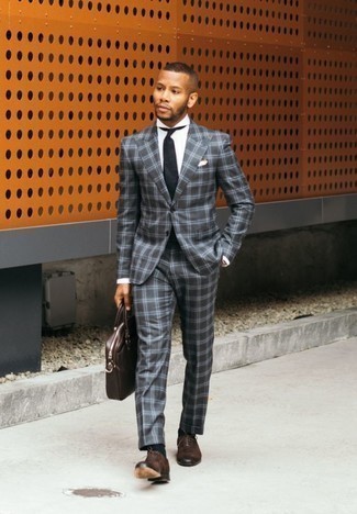 Dark Brown Leather Briefcase Summer Outfits: A charcoal plaid suit and a dark brown leather briefcase are a nice combo to keep in your closet. For shoes, you could follow a classier route with dark brown leather oxford shoes. We can't get enough of this getup for warm summertime days.