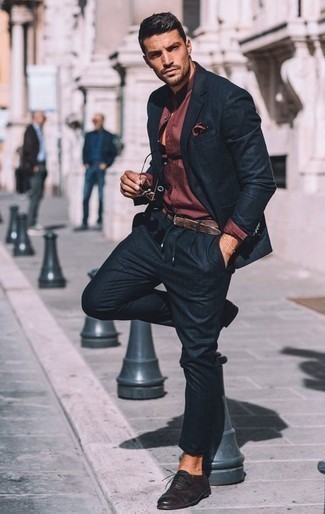 Burgundy Silk Pocket Square Outfits: Exhibit your skills in men's fashion by combining a navy vertical striped suit and a burgundy silk pocket square for a casual outfit. Puzzled as to how to finish your ensemble? Wear a pair of black leather oxford shoes to ramp it up a notch.