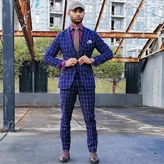 Light Violet Check Dress Shirt Outfits For Men: A light violet check dress shirt and a blue check suit make for the ultimate smart ensemble. Spice up your look by finishing off with a pair of brown suede oxford shoes.