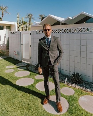 Charcoal Plaid Suit Outfits: Combining a charcoal plaid suit and a light blue dress shirt is a fail-safe way to inject your styling arsenal with some rugged sophistication. Tobacco leather oxford shoes work amazingly well with this look.