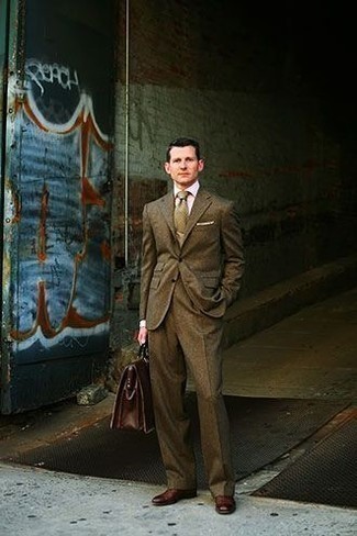 Men's Olive Suit, Pink Dress Shirt, Brown Leather Oxford Shoes, Brown Leather Briefcase