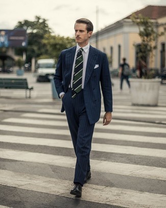 Navy and White Horizontal Striped Tie Outfits For Men: Pairing a navy vertical striped suit and a navy and white horizontal striped tie is a surefire way to inject your daily routine with some manly refinement. As for footwear, add a pair of black leather oxford shoes to the equation.
