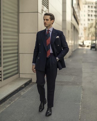 Burgundy Horizontal Striped Tie Outfits For Men: This is hard proof that a navy suit and a burgundy horizontal striped tie are amazing together in an elegant outfit for today's gent. Our favorite of a multitude of ways to complete this getup is a pair of black leather oxford shoes.