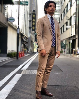 Men's Tan Suit, White Vertical Striped Dress Shirt, Brown Leather Oxford Shoes, Navy Horizontal Striped Tie