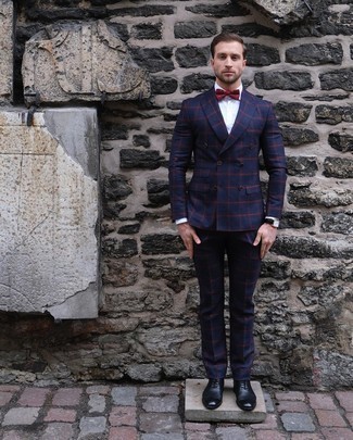 Navy Check Suit Outfits: A navy check suit and a white dress shirt are absolute must-haves if you're piecing together a smart wardrobe that holds to the highest sartorial standards. Let your styling savvy truly shine by finishing off your getup with black leather oxford shoes.