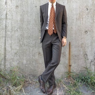 Men's Charcoal Suit, White Dress Shirt, Dark Brown Leather Oxford Shoes, Brown Print Tie