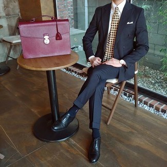 Men's Navy Vertical Striped Suit, White Dress Shirt, Black Leather Oxford Shoes, Burgundy Leather Briefcase