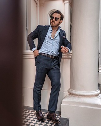 Charcoal Plaid Suit Outfits: Putting together a charcoal plaid suit and a light blue dress shirt is a surefire way to infuse personality into your styling routine. Add burgundy leather oxford shoes to the mix to tie your full ensemble together.