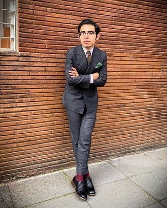 Men's Charcoal Wool Suit, White and Navy Vertical Striped Dress Shirt, Black Leather Oxford Shoes, Olive Print Tie