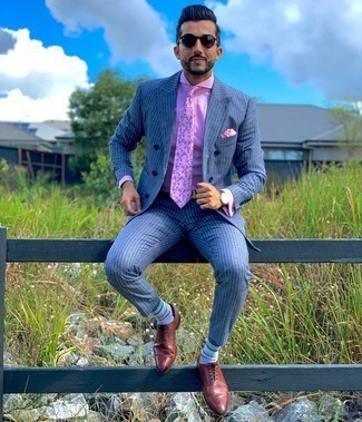 Men's Blue Vertical Striped Suit, Pink Dress Shirt, Brown Leather Oxford Shoes, Pink Floral Tie