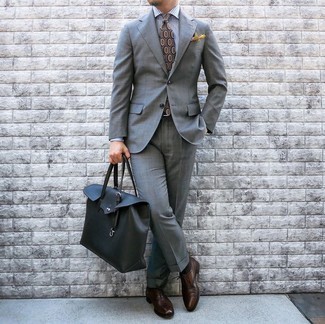 Grey Vertical Striped Dress Shirt Outfits For Men: Loving the way this combination of a grey vertical striped dress shirt and a grey suit immediately makes a man look sophisticated and dapper. Add dark brown leather oxford shoes to the equation and you're all done and looking smashing.