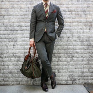 Burgundy Leather Oxford Shoes Outfits: This look demonstrates that it pays to invest in such smart menswear pieces as a charcoal suit and a beige vertical striped dress shirt. If you're hesitant about how to finish off, complete this outfit with a pair of burgundy leather oxford shoes.