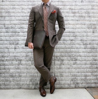 Burgundy Print Pocket Square Warm Weather Outfits: Team a dark brown vertical striped suit with a burgundy print pocket square to create an interesting and current laid-back outfit. Feeling bold today? Change things up a bit with a pair of dark brown leather oxford shoes.