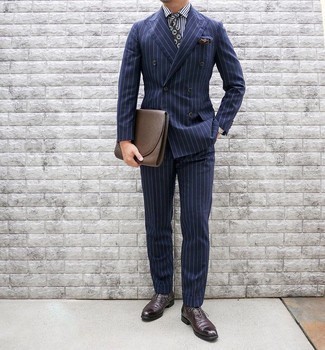 Dark Brown Print Pocket Square Outfits: Consider wearing a navy vertical striped suit and a dark brown print pocket square for standout menswear style. To add a little flair to your ensemble, complete your look with burgundy leather oxford shoes.