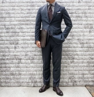 White and Navy Pocket Square Outfits: A navy vertical striped suit and a white and navy pocket square are great menswear essentials that will integrate brilliantly within your daily off-duty rotation. A pair of dark brown leather oxford shoes easily turns up the fashion factor of any outfit.