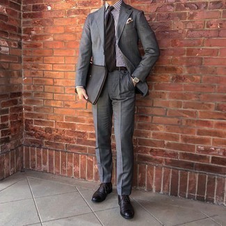 Men's Charcoal Suit, White and Brown Vertical Striped Dress Shirt, Dark Brown Leather Oxford Shoes, Dark Brown Leather Zip Pouch