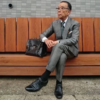 Men's Grey Suit, White Dress Shirt, Black Leather Oxford Shoes, Dark Brown Leather Briefcase