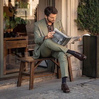 Brown Dress Shirt Outfits For Men: This combo of a brown dress shirt and an olive suit is a never-failing option when you need to look extra classy. We love how a pair of dark brown leather oxford shoes makes this look complete.
