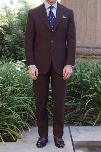 Men's Dark Brown Suit, White Vertical Striped Dress Shirt, Burgundy Leather Oxford Shoes, Navy and White Polka Dot Tie