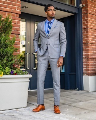 Men'S Grey Suit, Light Blue Dress Shirt, Tobacco Leather Oxford Shoes, Navy  And White Horizontal Striped Tie | Lookastic