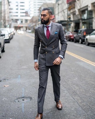 Red and Navy Horizontal Striped Tie Outfits For Men: Channel your inner expert in men's fashion and consider wearing a charcoal vertical striped suit and a red and navy horizontal striped tie. Brown leather oxford shoes are the perfect companion to this outfit.