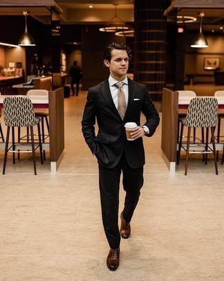 Dark Brown Socks Outfits For Men: Opt for a black suit and dark brown socks for a relaxed casual outfit with a modern twist. Avoid looking too casual by finishing with a pair of brown leather oxford shoes.