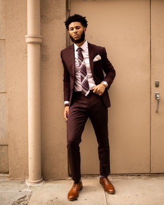 Tobacco Leather Oxford Shoes Outfits: For a look that's nothing less than gasp-worthy, opt for a burgundy suit and a white dress shirt. Tobacco leather oxford shoes tie the look together.