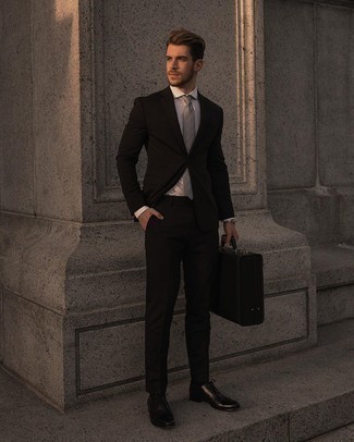 Men's Black Suit, White Dress Shirt, Black Leather Oxford Shoes, Black Leather Briefcase