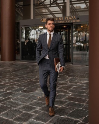 Charcoal Plaid Suit Outfits: This combination of a charcoal plaid suit and a white dress shirt is a foolproof option when you need to look really smart and elegant. Brown suede oxford shoes look amazing completing your getup.