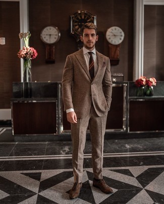 Dark Brown Plaid Wool Suit Outfits: Consider pairing a dark brown plaid wool suit with a white dress shirt for a truly stylish look. Now all you need is a pair of brown suede oxford shoes.