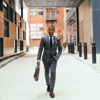 Dark Brown Leather Briefcase Outfits: A charcoal plaid suit and a dark brown leather briefcase will introduce extra style into your day-to-day casual wardrobe. For extra style points, add dark brown suede oxford shoes to the mix.