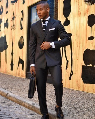 Black and White Horizontal Striped Tie Outfits For Men: Loving the way this combo of a black suit and a black and white horizontal striped tie instantly makes men look dapper and polished. Black leather oxford shoes are an effective way to punch up this getup.