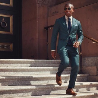 Dark Green Suit Outfits: Pairing a dark green suit and a white and brown gingham dress shirt is a guaranteed way to infuse a refined touch into your day-to-day collection. If you're on the fence about how to finish, a pair of brown leather oxford shoes is a goofproof option.