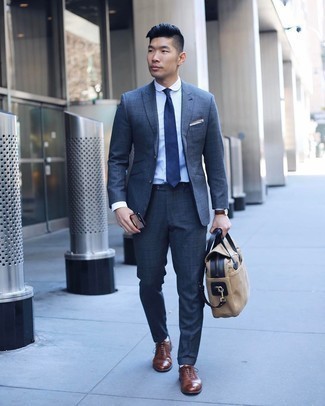 Tan Canvas Briefcase Outfits: A charcoal check suit and a tan canvas briefcase are a good pairing to carry you throughout the day. And if you wish to immediately dress up this ensemble with shoes, why not introduce brown leather oxford shoes to the mix?