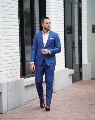 Pink Dress Shirt Outfits For Men: Wear a pink dress shirt with a blue suit for a classic and refined silhouette. Our favorite of an endless number of ways to round off this look is with a pair of dark brown leather oxford shoes.