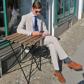 Men's Grey Suit, White and Blue Vertical Striped Dress Shirt, Tobacco Suede Oxford Shoes, Navy Tie