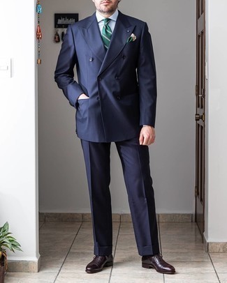 Teal Horizontal Striped Tie Outfits For Men: A navy suit looks especially classy when worn with a teal horizontal striped tie. For something more on the daring side to round off your getup, complement this ensemble with dark brown leather oxford shoes.