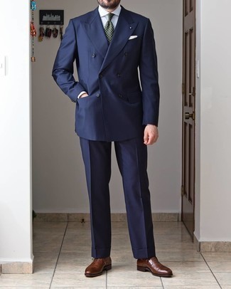 Olive Tie Outfits For Men: Combining a navy suit with an olive tie is an on-point option for a stylish and refined outfit. Hesitant about how to round off? Complete your outfit with brown leather oxford shoes for a more laid-back aesthetic.