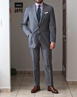 Grey Suit with Brown Oxford Shoes Outfits: Bump up your style game in a grey suit and a pink dress shirt. If not sure as to the footwear, stick to a pair of brown oxford shoes.