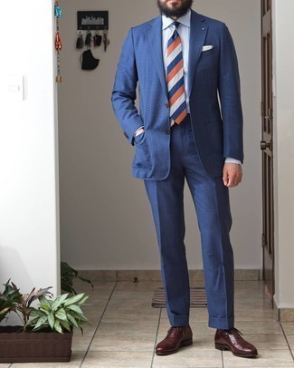Men's Blue Plaid Suit, White Dress Shirt, Dark Brown Leather Oxford Shoes, Multi colored Horizontal Striped Tie