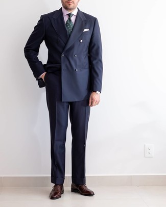 Dark Green Print Tie Outfits For Men: Putting together a navy suit and a dark green print tie is a surefire way to infuse style into your wardrobe. If you need to effortlessly dress down your outfit with a pair of shoes, why not add dark brown leather oxford shoes to the mix?
