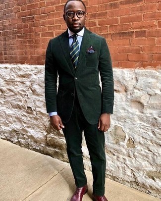 Burgundy Leather Oxford Shoes Outfits: Team a dark green corduroy suit with a light blue dress shirt and you will surely make an entrance. Add a pair of burgundy leather oxford shoes to the mix and you're all set looking dashing.