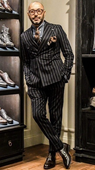 Tobacco Horizontal Striped Tie Outfits For Men: This combo of a black and white vertical striped suit and a tobacco horizontal striped tie will add alpha male essence to your look. Consider a pair of dark brown leather oxford shoes as the glue that brings this outfit together.