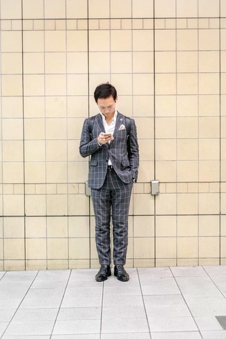 Charcoal Check Suit Outfits: This combination of a charcoal check suit and a white dress shirt will add polished essence to your ensemble. Complete your getup with a pair of black leather oxford shoes and the whole ensemble will come together.