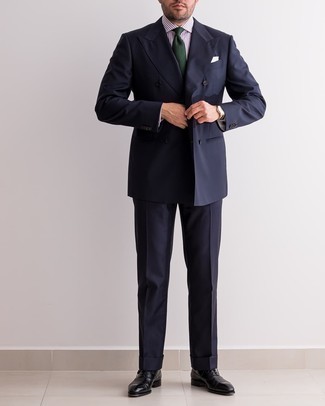 Men's Navy Suit, White and Purple Vertical Striped Dress Shirt, Black Leather Oxford Shoes, Dark Green Tie