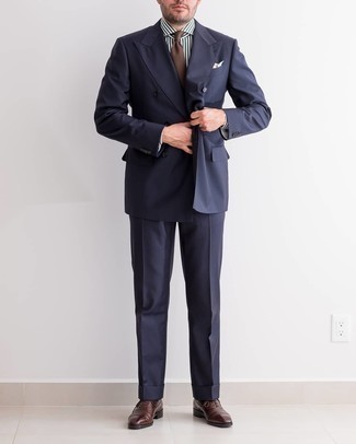 Oxford Shoes Outfits: A navy suit and a dark green vertical striped dress shirt are certainly worth being on your list of indispensable menswear items. Oxford shoes tie the look together.