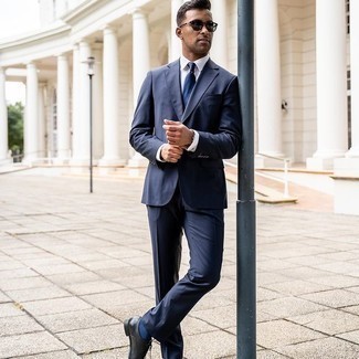 White Dress Shirt Summer Outfits For Men: A white dress shirt and a navy suit are essential in a refined man's closet. Complete this ensemble with black leather oxford shoes and ta-da: this outfit is complete. As sunny days set in, it's time for summery looks like this one.