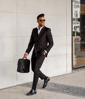 Black Suit with White Dress Shirt Outfits: You're looking at the indisputable proof that a black suit and a white dress shirt look amazing together in a classy ensemble for today's man. Black leather oxford shoes are a stylish accompaniment to this ensemble.