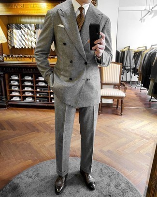 Men's Grey Plaid Suit, White Dress Shirt, Dark Brown Leather Oxford Shoes, Brown Print Tie