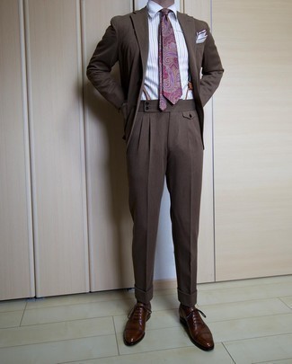 Men's Dark Brown Suit, White Vertical Striped Dress Shirt, Dark Brown Leather Oxford Shoes, Purple Paisley Tie